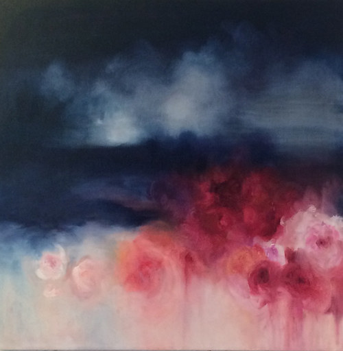 A painting of pink flowers on board