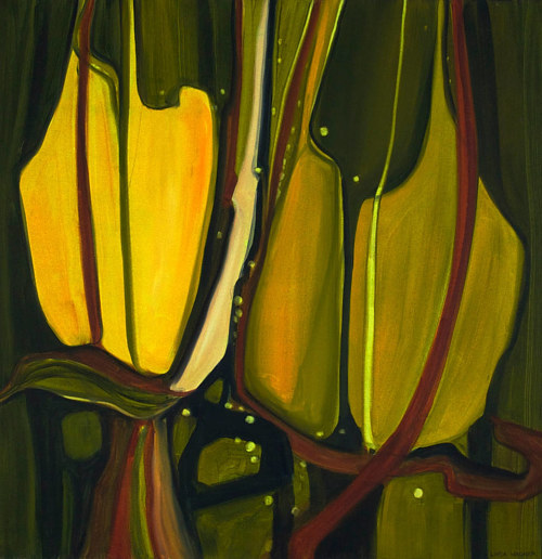 A close-up of flower pods in green and yellow tones