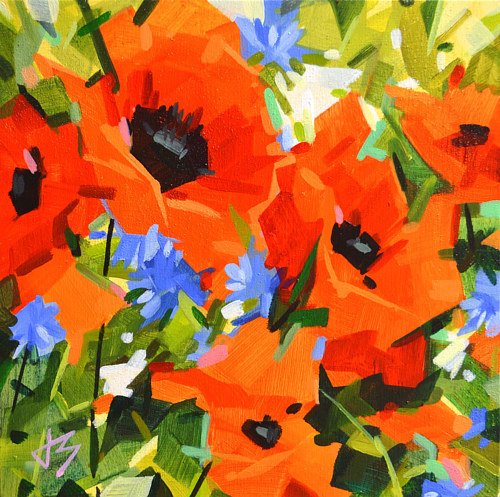 A painting of bright red poppies