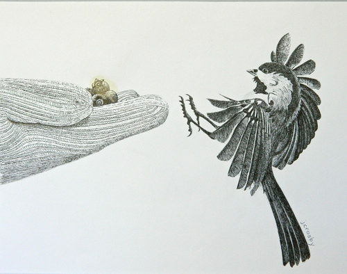 A drawing of a chickadee in mid-flight