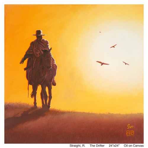 A painting of a man riding a horse into a sunset