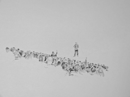 A simple carcoal drawing of a crowd of people with negative space instead of a background