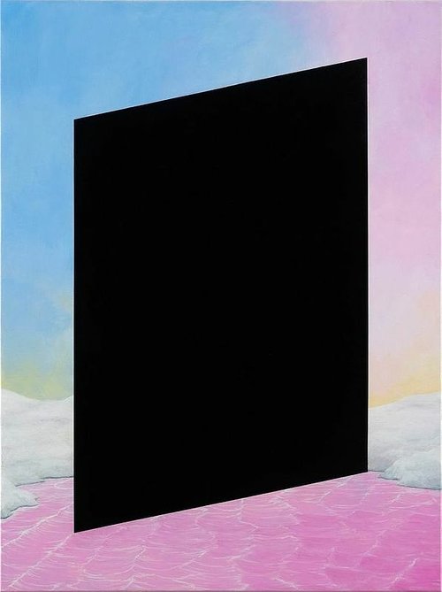 A painting of a black parallelogram on a pinkish landscape