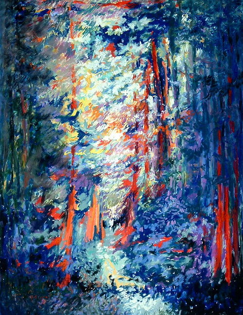 A pastel drawing of a dense, blue-toned forest