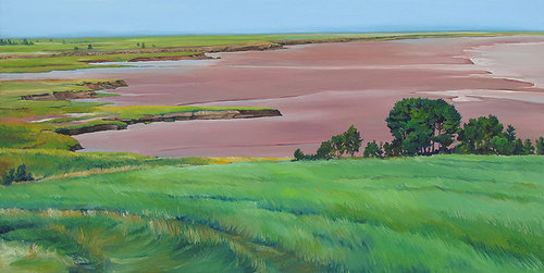 A landscape oil painting of a grassy meadow overlooking marshlan