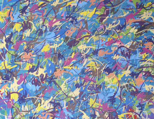 An abstract painting using many different colours in uniform marks
