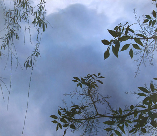 A painting of some tree branches hanging over a dark sky