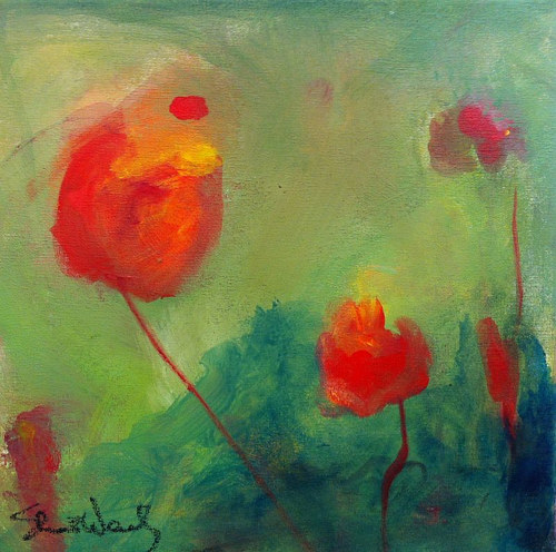 A painting of a red flower on a green background