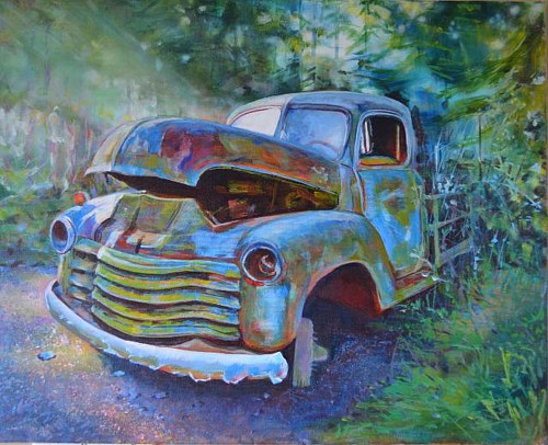 A painting of an old, rusted-out truck