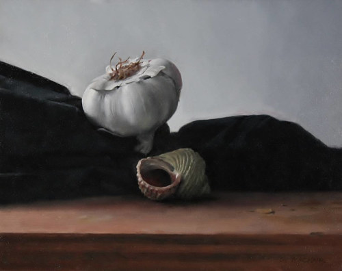 A painting of a garlic clove and a seashell