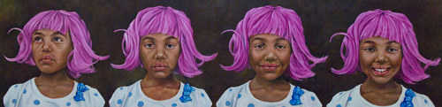A series of portraits of a young girl in a pink wig