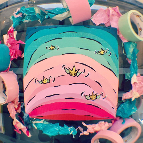 An artwork with flying crowns on a light pastel background