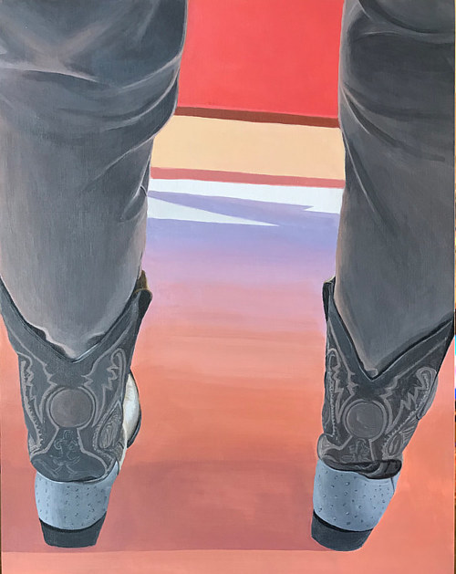 A painting of the legs of a person wearing cowboy boots