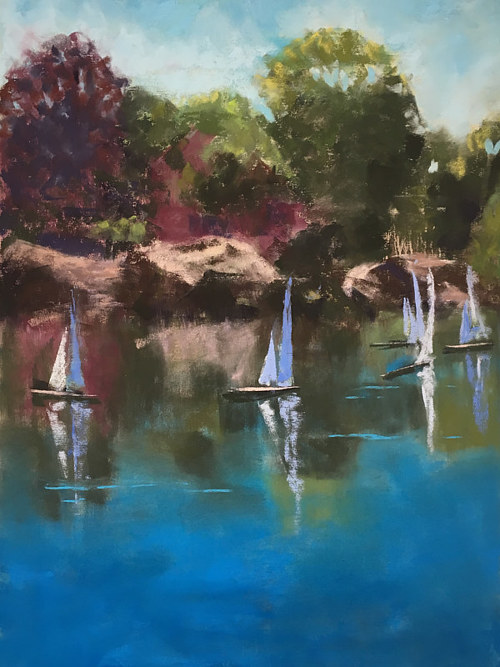 An artwork depicting several sailboats on still water