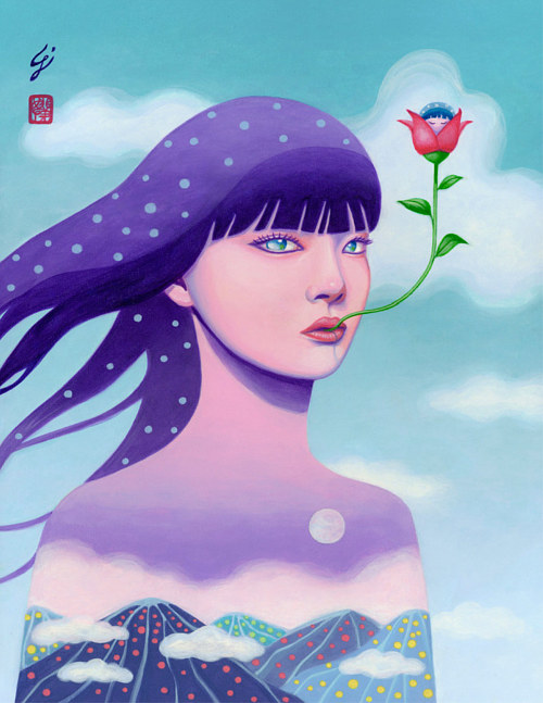 A painting of a female figure with a flower in her mouth