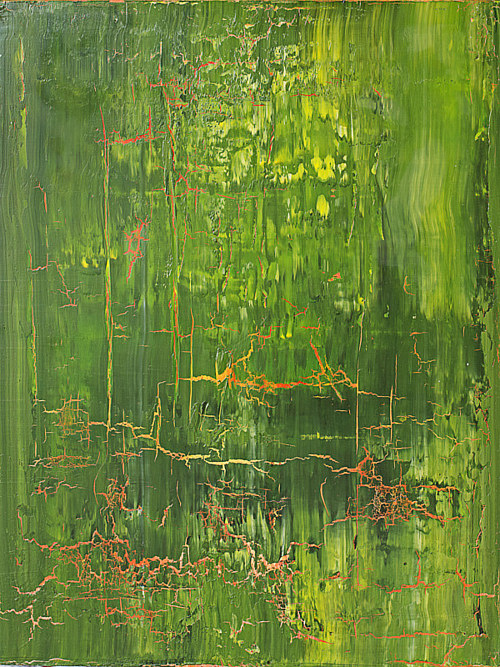 A green painting with a cracked texture over its surface