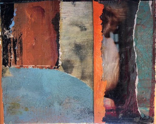 A mixed media artwork with layered stripes of colour