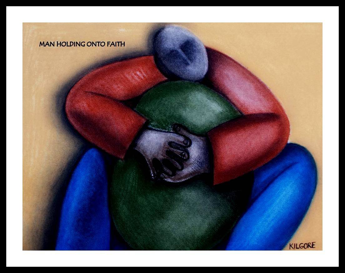 Return to: MICHAEL KILGORE - CALIFORNIA AFRICAN AMERICAN MUSEUM (EXHIBIT) Mixed-media artwork MAN HOLDING ONTO FAITH - circa 2005 by Michael Kilgore