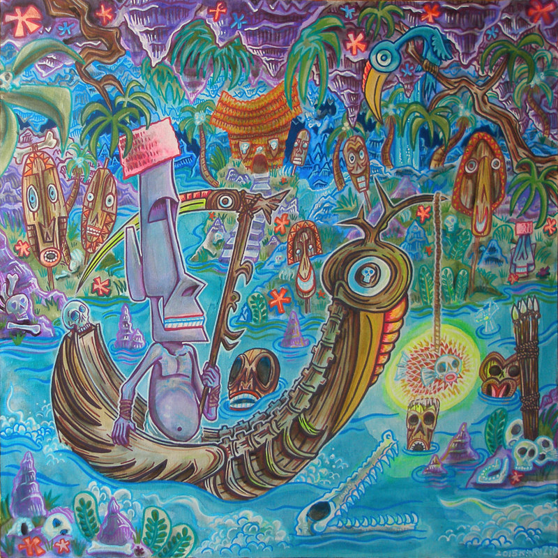 "Moai Reaper on the River Styx" Acrylic painting "Moai Reaper on the River Styx" by Kenneth M Ruzic
