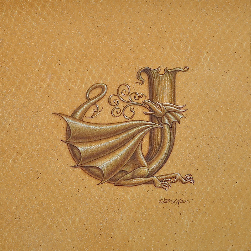 Dracoserific letter Acrylic painting Dracoserific letter "J", Gold on Raw Gold 8x8" square by Sue Ellen Brown