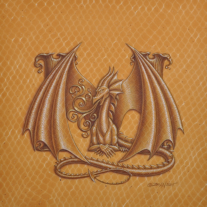 Dracoserific letter M, Gold on Raw Gold 8x8" square Acrylic painting Dracoserific letter M, Gold on Raw Gold 8x8" square by Sue Ellen Brown