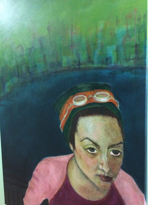 Self Portrait with cityscape Acrylic painting Self Portrait with cityscape by Darcy Martel