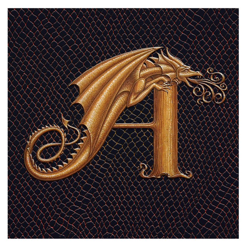 Dracoserific Letter A, Gold on Jet Black Square Print Dracoserific Letter A, Gold on Jet Black Square by Sue Ellen Brown