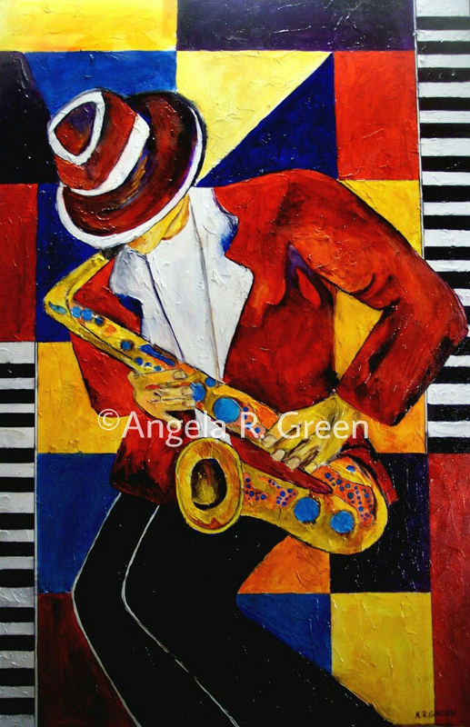 Midnight Jazz Cafe' Saxophone Player Painting Midnight Jazz Cafe' Saxophone Player by Angela Green