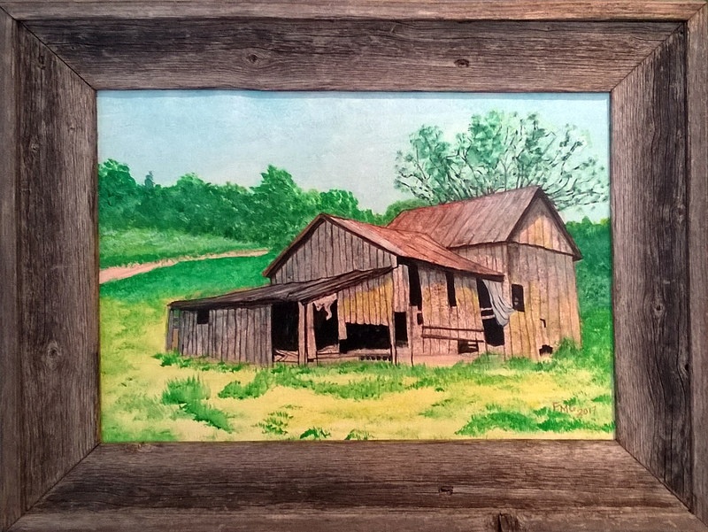 Old Barn In Authentic-Texas barnwood frame-12x16 Acrylic painting Old Barn In Authentic-Texas barnwood frame-12x16 by Frans Geerlings