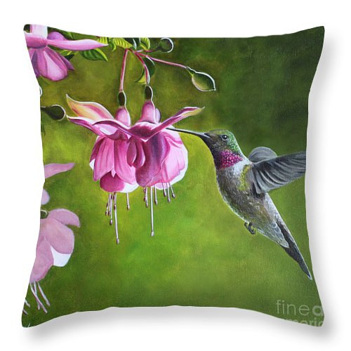 hummingbird-and-fuschia-debbie-hartpillow Print hummingbird-and-fuschia-debbie-hartpillow by Debbie Hart