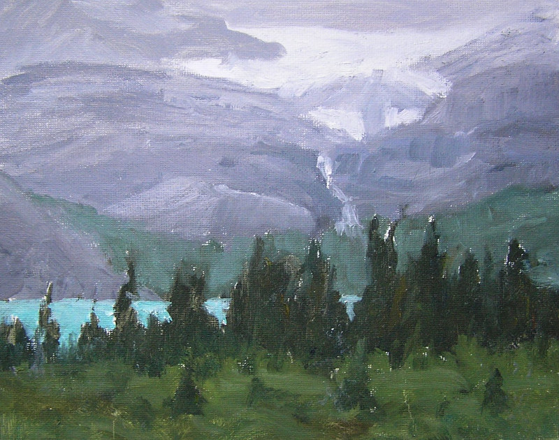 Rainy Day Bow Lake #2, Banff National Park, 8x10 oils Painting Rainy Day Bow Lake #2, Banff National Park, 8x10 oils by Cecilia Lea
