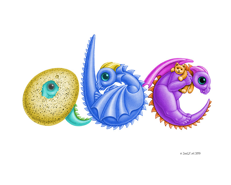 Custom three (3) Dragon Baby Letters art print Print Custom three (3) Dragon Baby Letters art print by Sue Ellen Brown