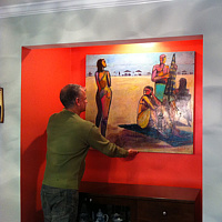 Art collector Lazaros P. hangs painting in a wonderful red alcove in his dining room. //images.artistrunwebsite.com/gallery/img_290521537285860_large.jpg?1537286014