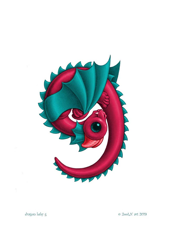 5x7 Dragon Baby g, in holiday colors Print 5x7 Dragon Baby g, in holiday colors by Sue Ellen Brown