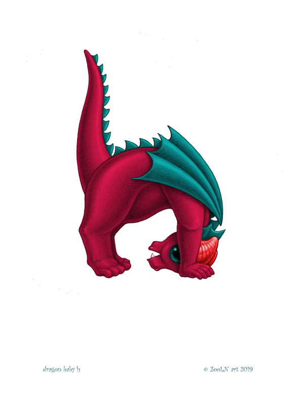 5x7 Dragon Baby h, in holiday colors Print 5x7 Dragon Baby h, in holiday colors by Sue Ellen Brown
