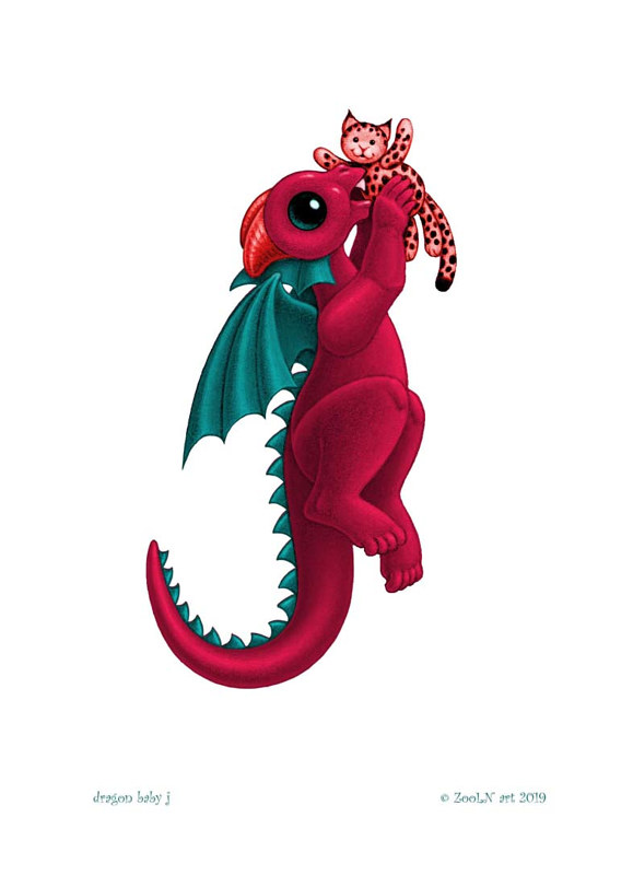 5x7 Dragon Baby j, in holiday colors Print 5x7 Dragon Baby j, in holiday colors by Sue Ellen Brown