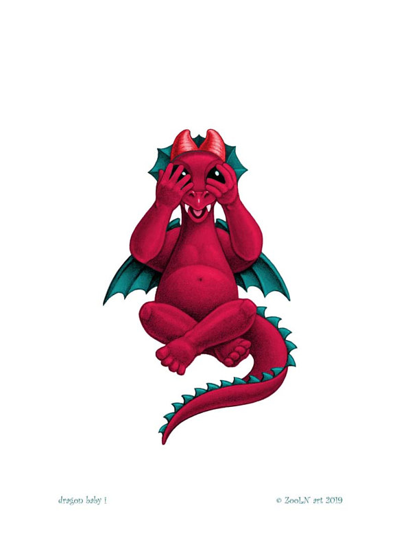 5x7 Dragon Baby i, in holiday colors Print 5x7 Dragon Baby i, in holiday colors by Sue Ellen Brown