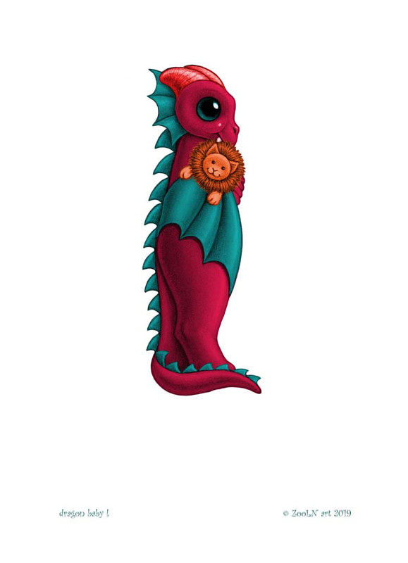 5x7 Dragon Baby l, in holiday colors Print 5x7 Dragon Baby l, in holiday colors by Sue Ellen Brown