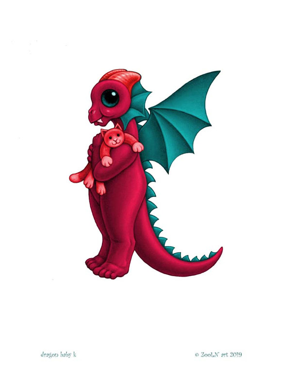 5x7 Dragon Baby k, in holiday colors Print 5x7 Dragon Baby k, in holiday colors by Sue Ellen Brown