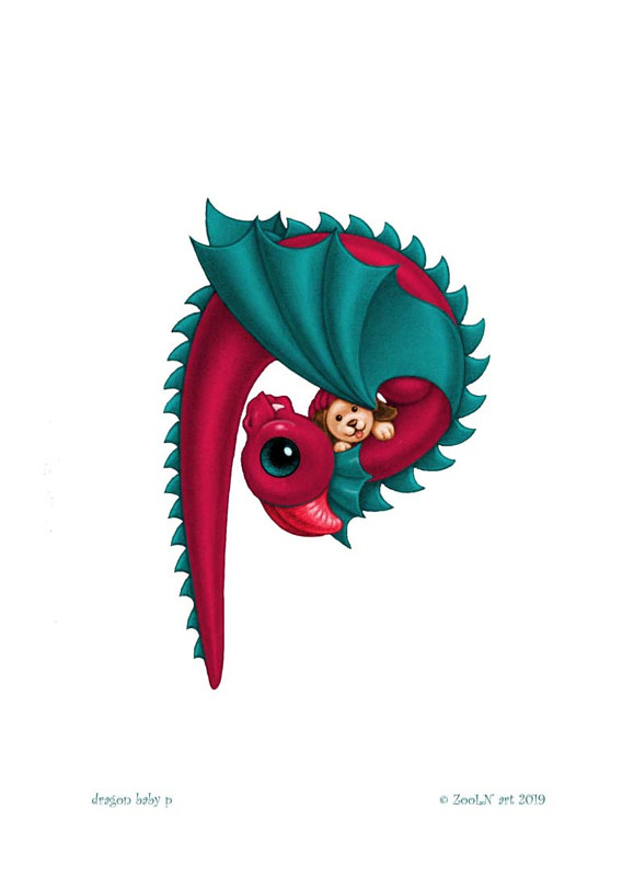 5x7 Dragon Baby p, in holiday colors Print 5x7 Dragon Baby p, in holiday colors by Sue Ellen Brown