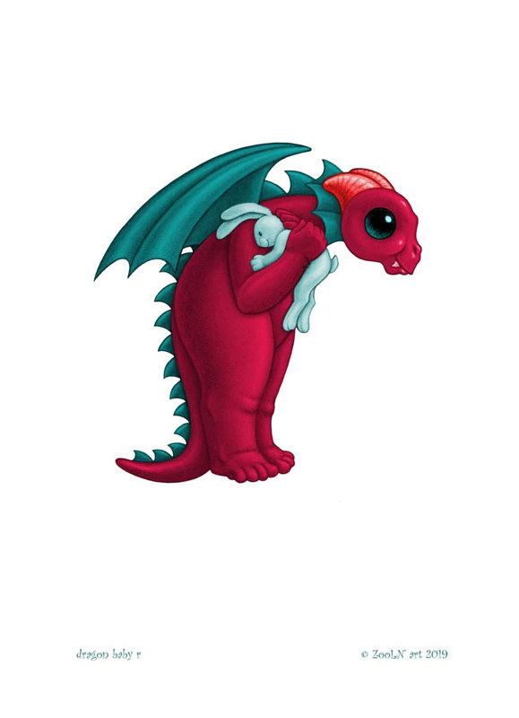 5x7 Dragon Baby r, in holiday colors Print 5x7 Dragon Baby r, in holiday colors by Sue Ellen Brown