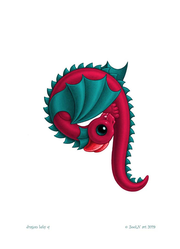5x7 Dragon Baby q, in holiday colors Print 5x7 Dragon Baby q, in holiday colors by Sue Ellen Brown