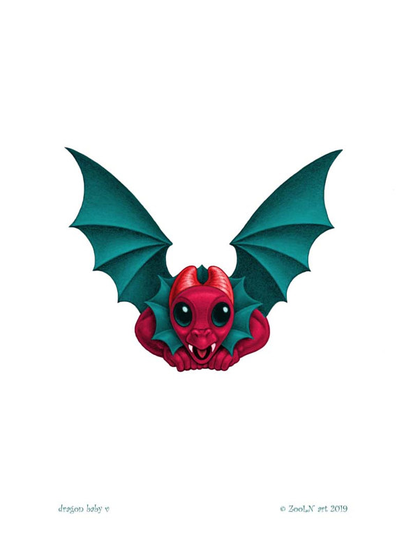 5x7 Dragon Baby v, in holiday colors Print 5x7 Dragon Baby v, in holiday colors by Sue Ellen Brown