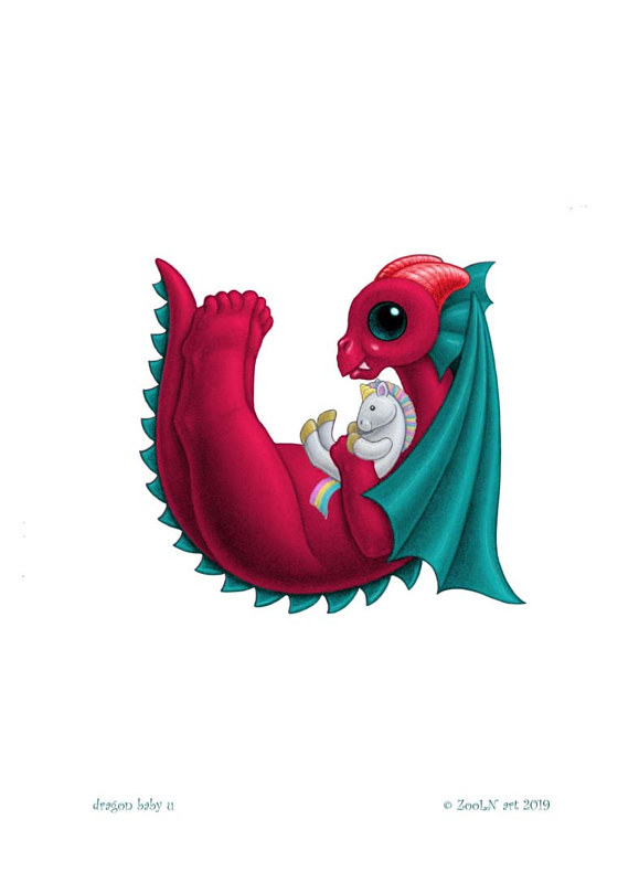 5x7 Dragon Baby u, in holiday colors Print 5x7 Dragon Baby u, in holiday colors by Sue Ellen Brown