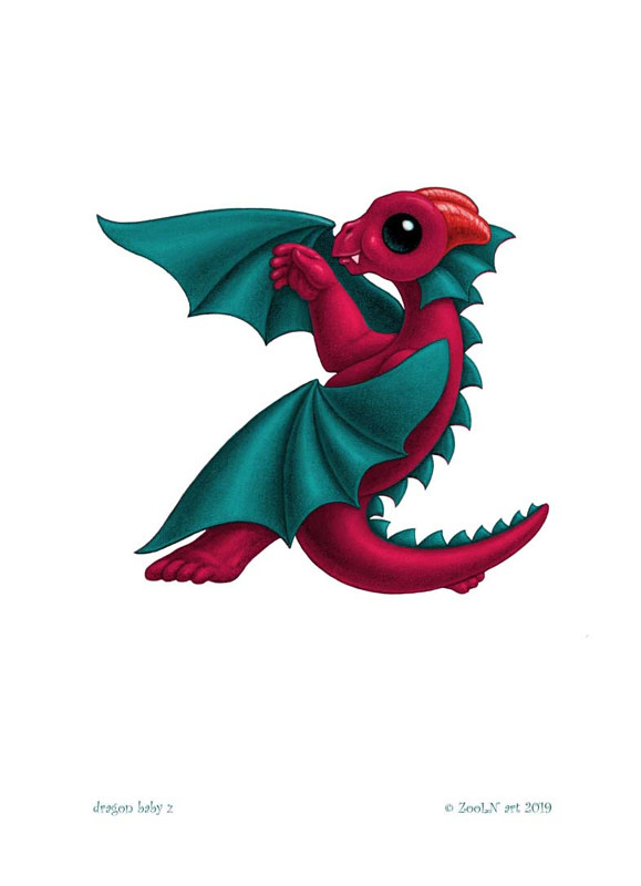 5x7 Dragon Baby z, in holiday colors Print 5x7 Dragon Baby z, in holiday colors by Sue Ellen Brown