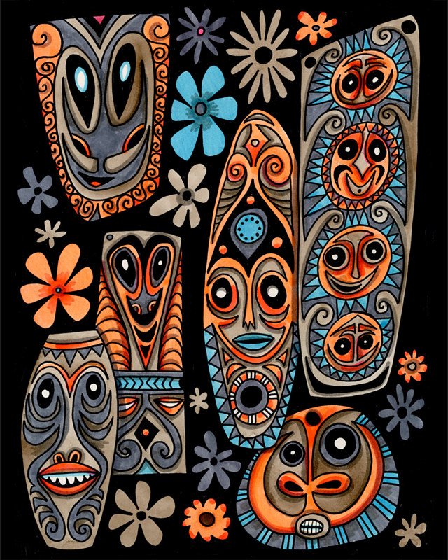 Mask Medley Watercolor Mask Medley by Kenneth M Ruzic