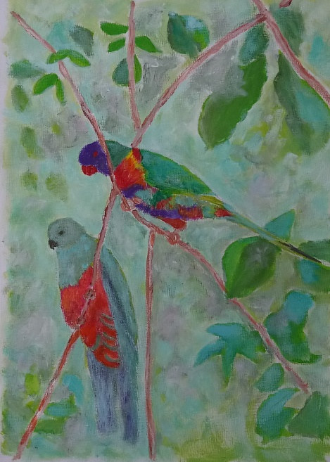 Rainbow Lorikeet and Baby Australian King Parrot Acrylic painting Rainbow Lorikeet and Baby Australian King Parrot by Gwenda Branjerdporn