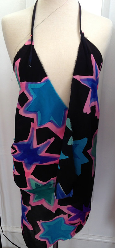 Blue/ Pink Star Print, Indigo Ground, Wrap, Neck Strap Dress Painting Blue/ Pink Star Print, Indigo Ground, Wrap, Neck Strap Dress by Michael Shyka
