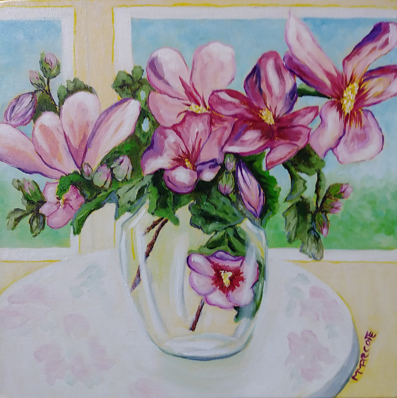 Rose of Sharon in a Glass Vase Oil painting Rose of Sharon in a Glass Vase by Michelle Marcotte