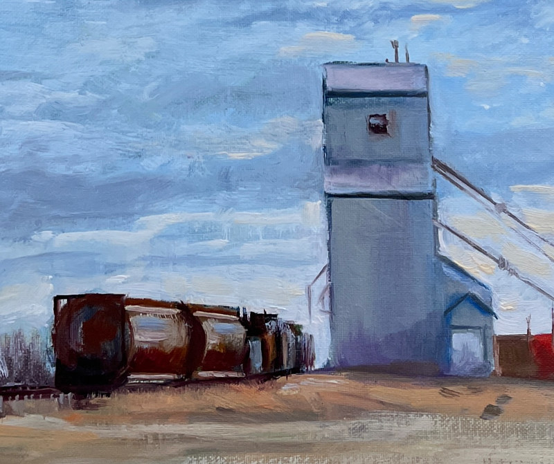 "Mossleigh Elevator & Tanker Cars" Oil painting "Mossleigh Elevator & Tanker Cars" by James Lutzko